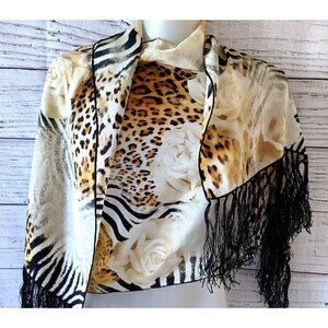 Silk Scarf Women Hand Rolled Beige Animal Print Roses Long Tassels 66*22"